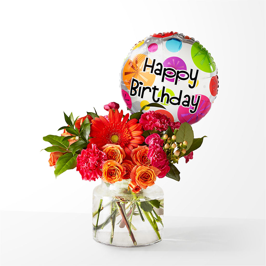 Fiesta Bouquet with Birthday Balloon – Honey Bee Blooms San Marcos, San Marcos CA