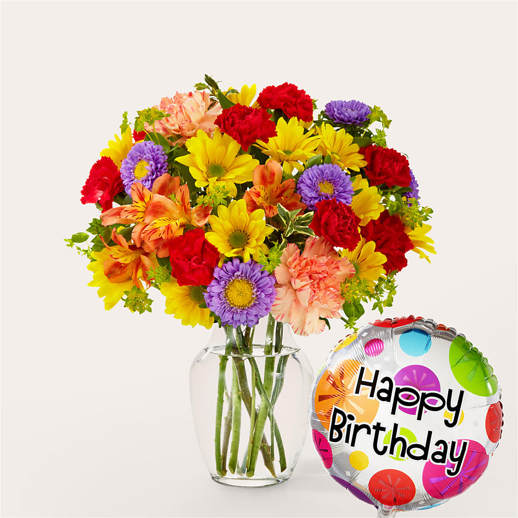 Kaleidoscope Bouquet with Birthday Balloon – Honey Bee Blooms San Marcos, San Marcos CA