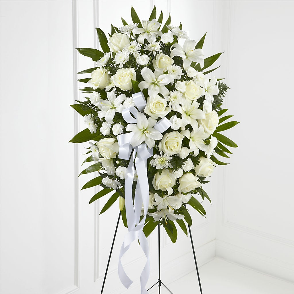 Exquisite Tribute Standing Spray-White Ribbon – Honey Bee Blooms San Marcos, San Marcos CA