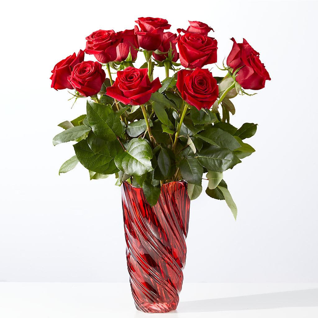 Classic Love Red Rose Bouquet with Luxe Swirl Vase – Honey Bee Blooms San Marcos, San Marcos CA