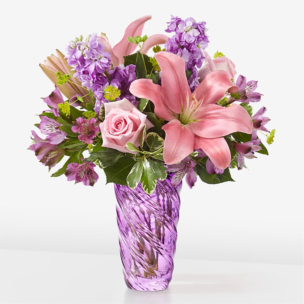 Precious Petals Bouquet with Luxe Swirl Vase – Honey Bee Blooms San Marcos, San Marcos CA