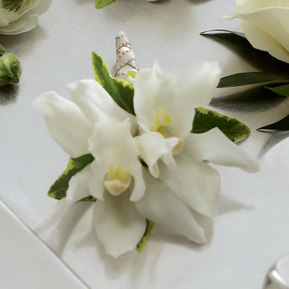 White Mini Cymbidium Boutonniere –  Honey Bee Blooms San Marcos, San Marcos CA
